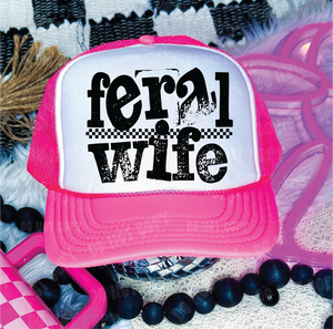 Feral Wife Neon Pink & White Trucker Hat