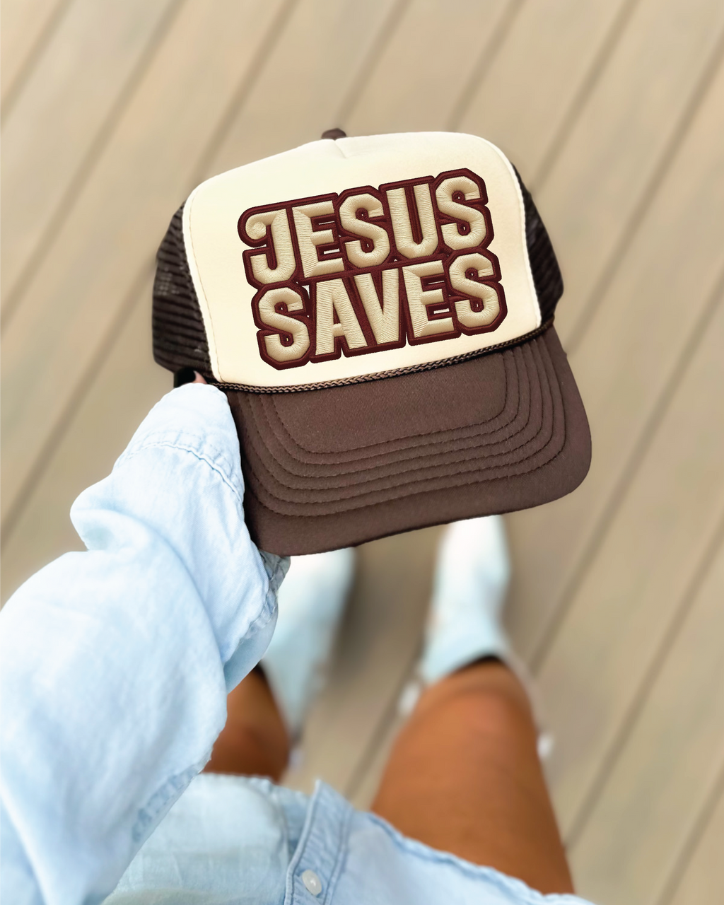Jesus Saves Faux Embroidery Brown and Tan Trucker Hat
