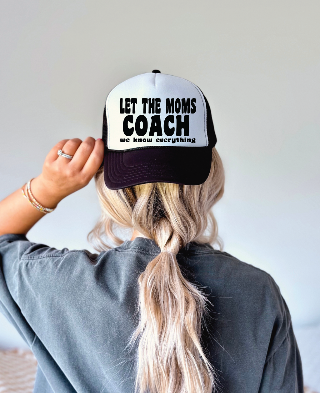 Let The Moms Coach Black and White Trucker Hat