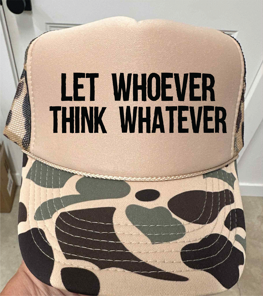 Let Whoever Think Duck Camo and Tan Trucker Hat