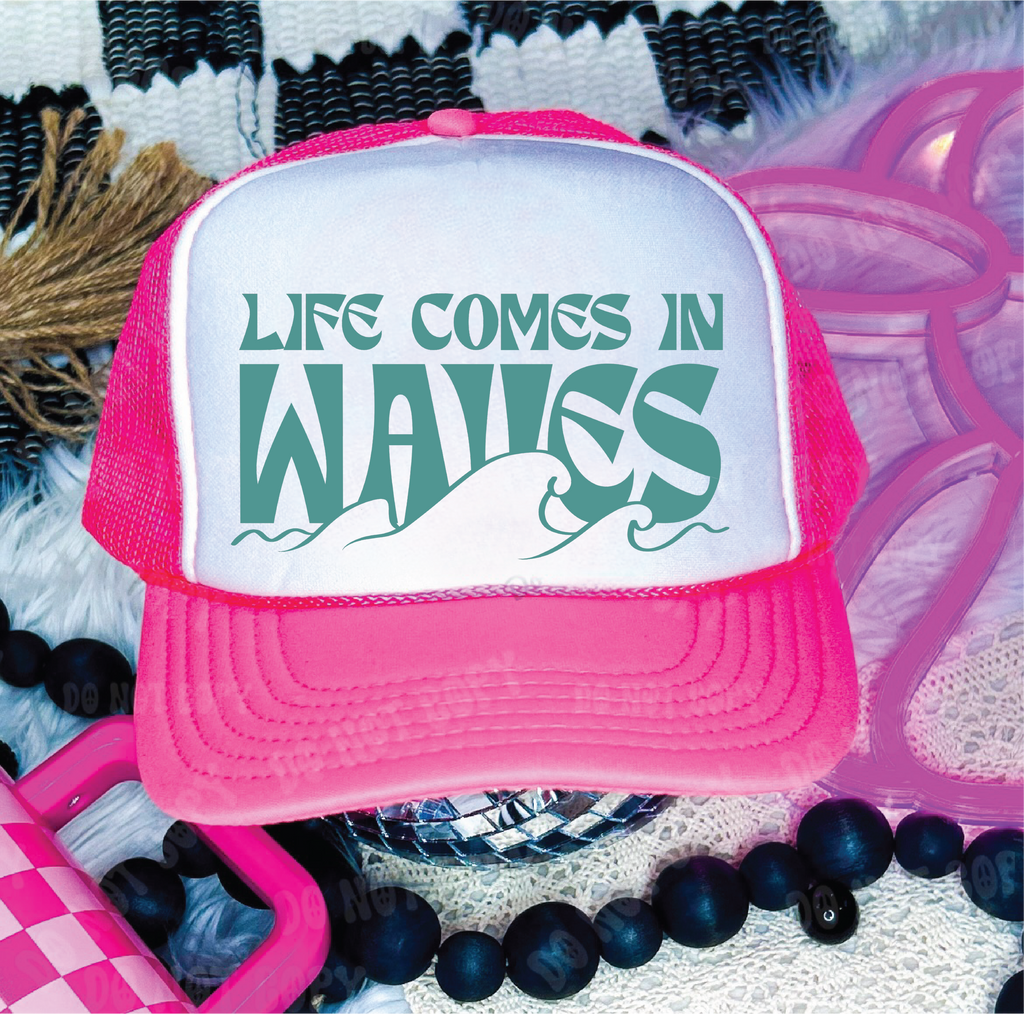 Life Comes In Waves Neon Pink and White Trucker Hat