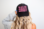 On My Way To Spend My Husbands Money Foam Black Trucker Hat