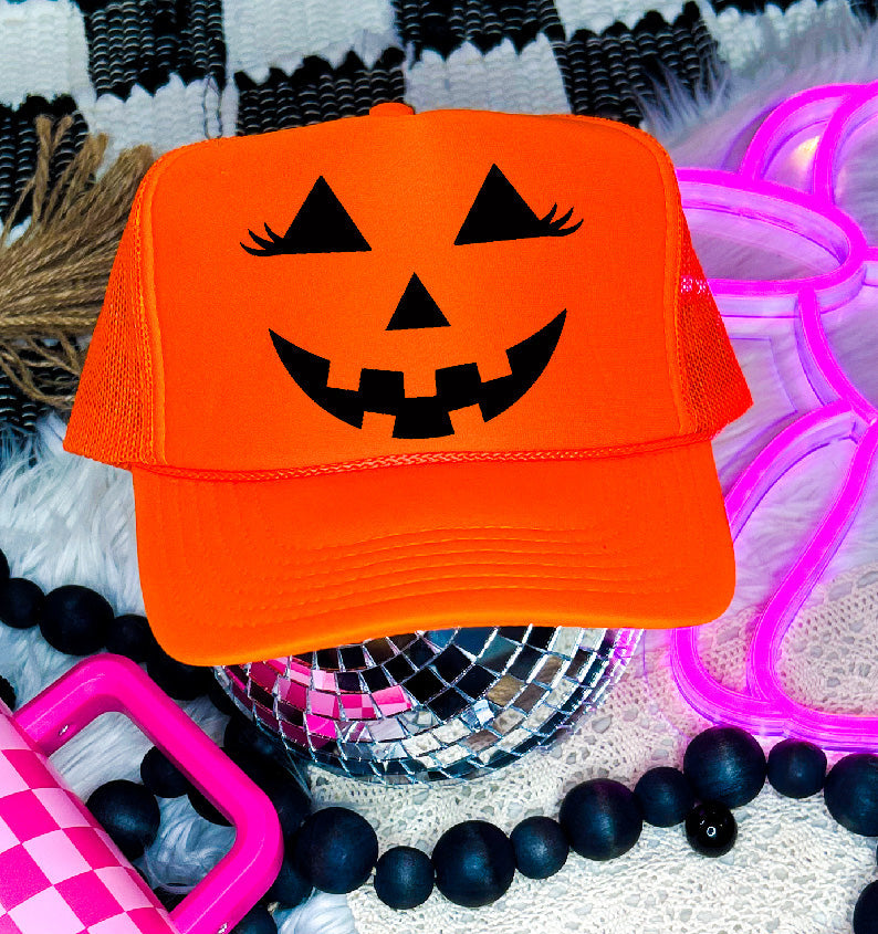 Pumpkin Face Neon Orange Trucker Hat