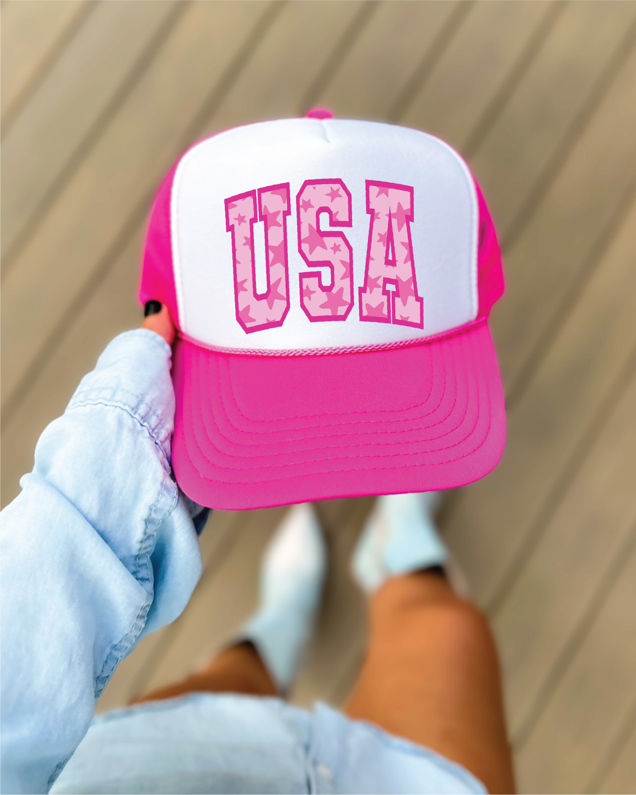 USA Pink Hot Pink and White Trucker Hat