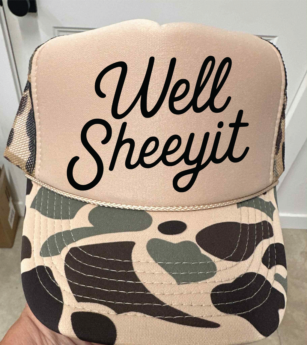 Well Sheeyit Duck Camo and Tan Trucker Hat