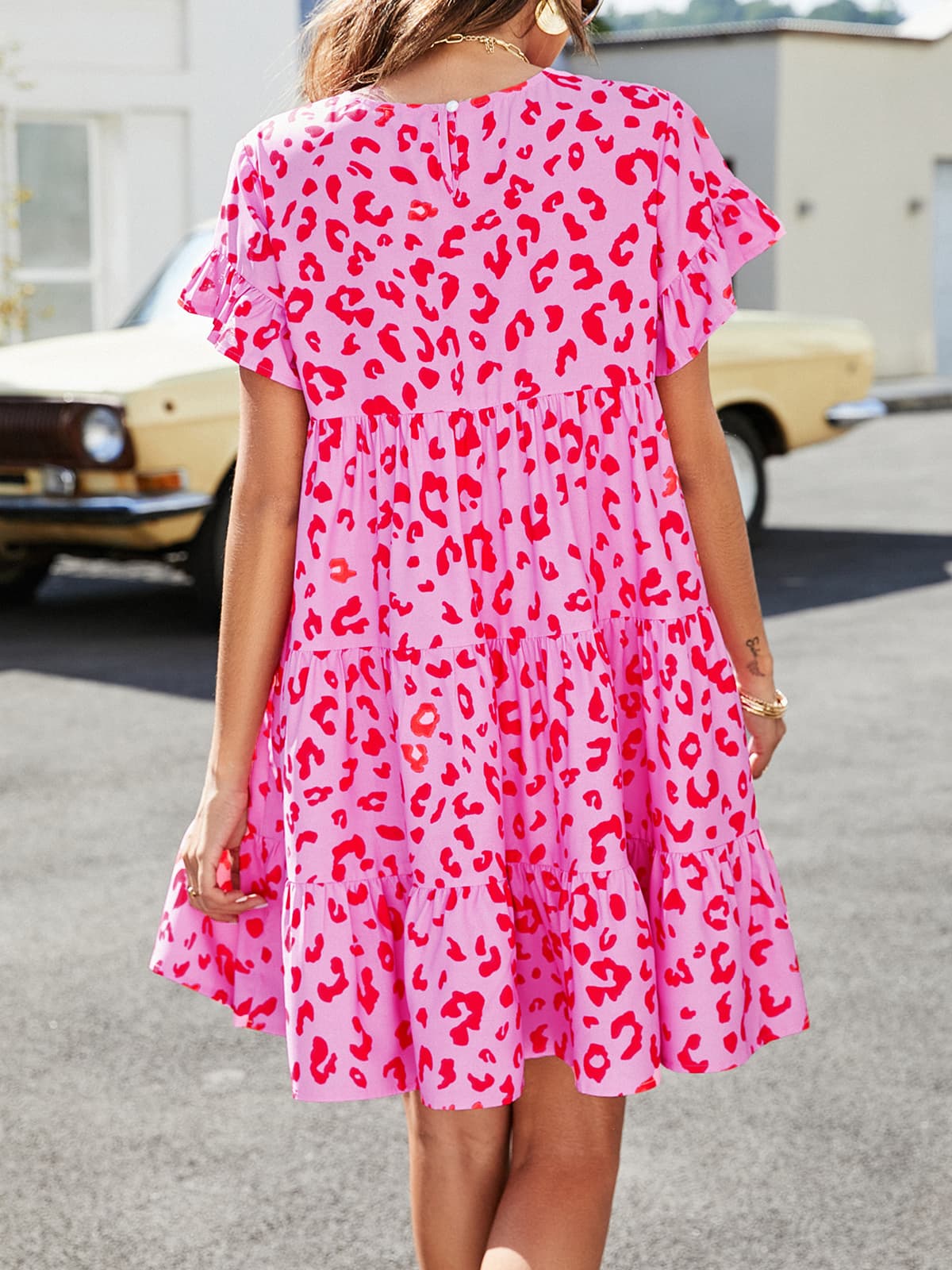 Chloe Leopard Short Flounce Sleeve Tiered Dress
