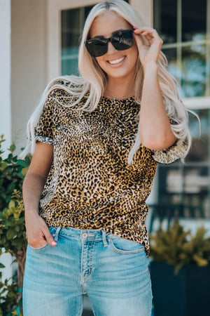 Women Leopard Short Flounce Sleeve Top