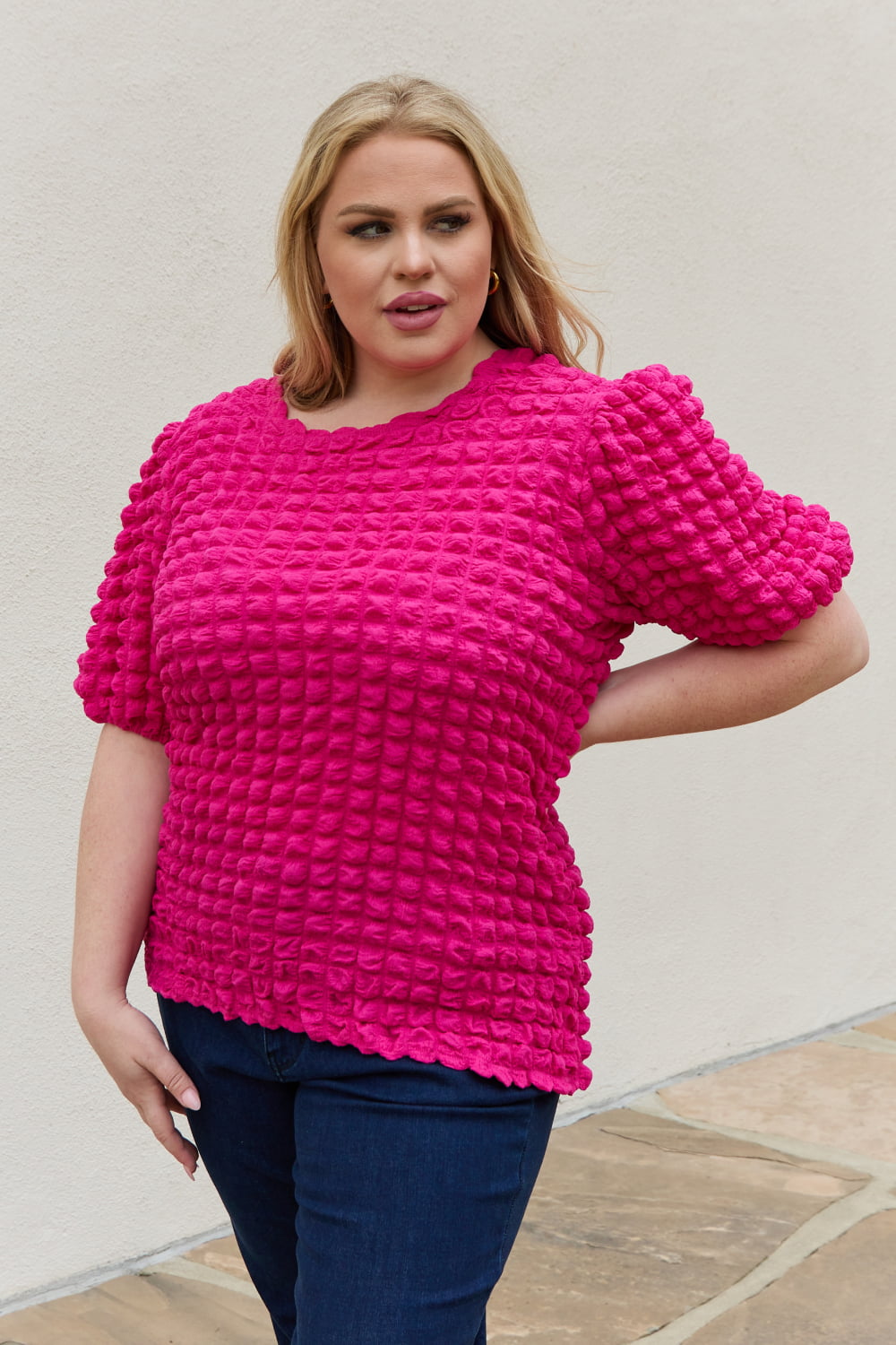 Bubble Textured Puff Sleeve Top
