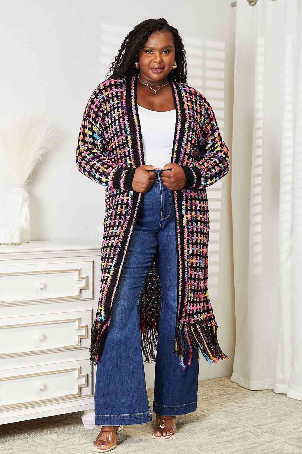 Gemma Multicolored Open Front Fringe Hem Cardigan