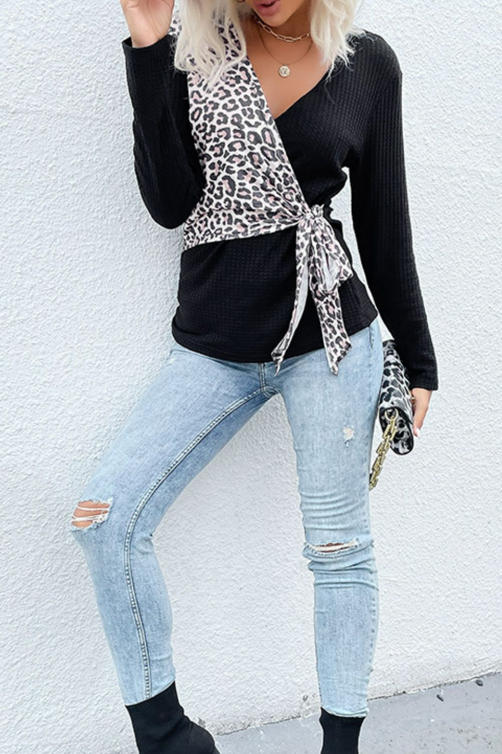 Aria Leopard Waffle-Knit Tied Top