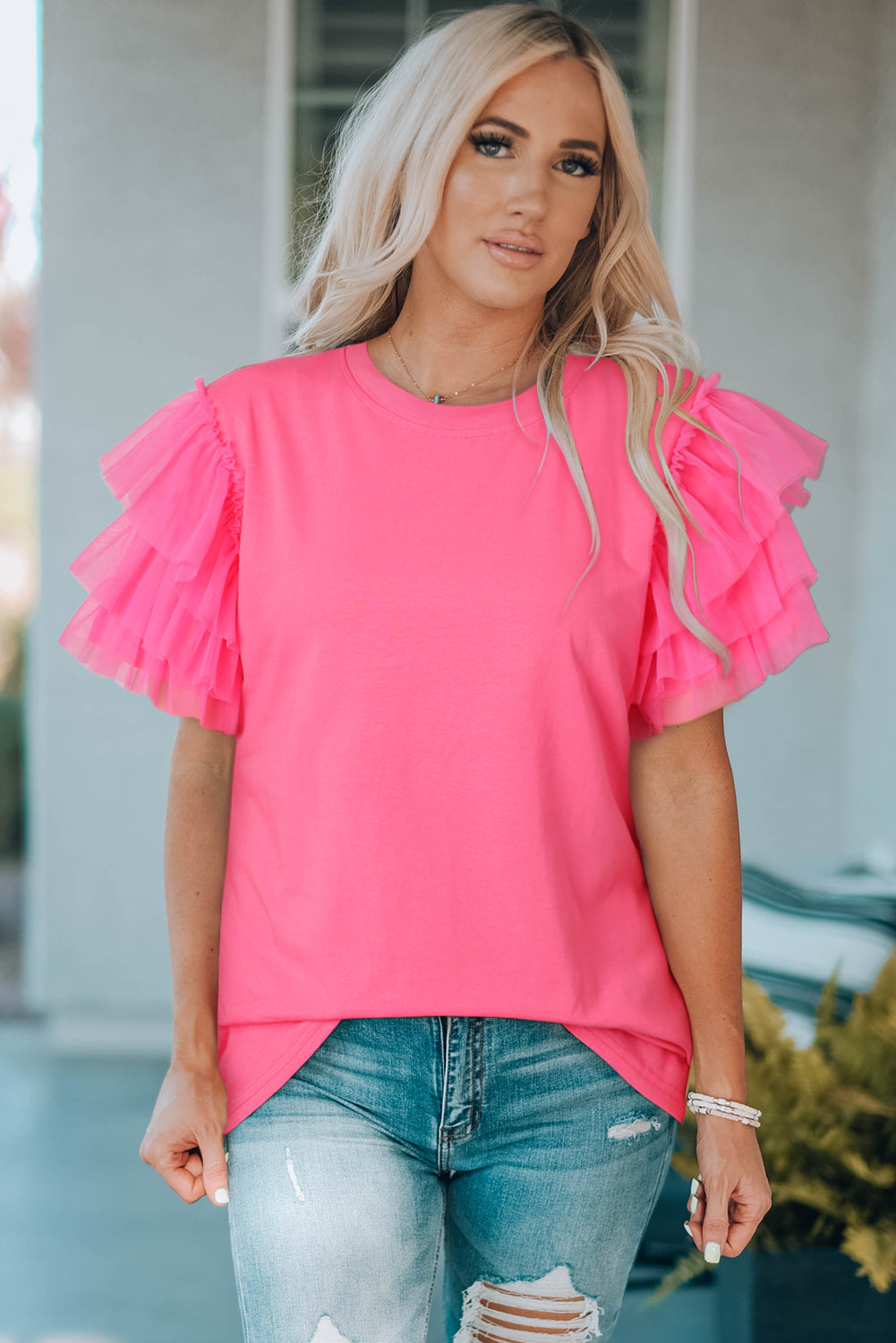 Layered Mesh Sleeve Round Neck Top