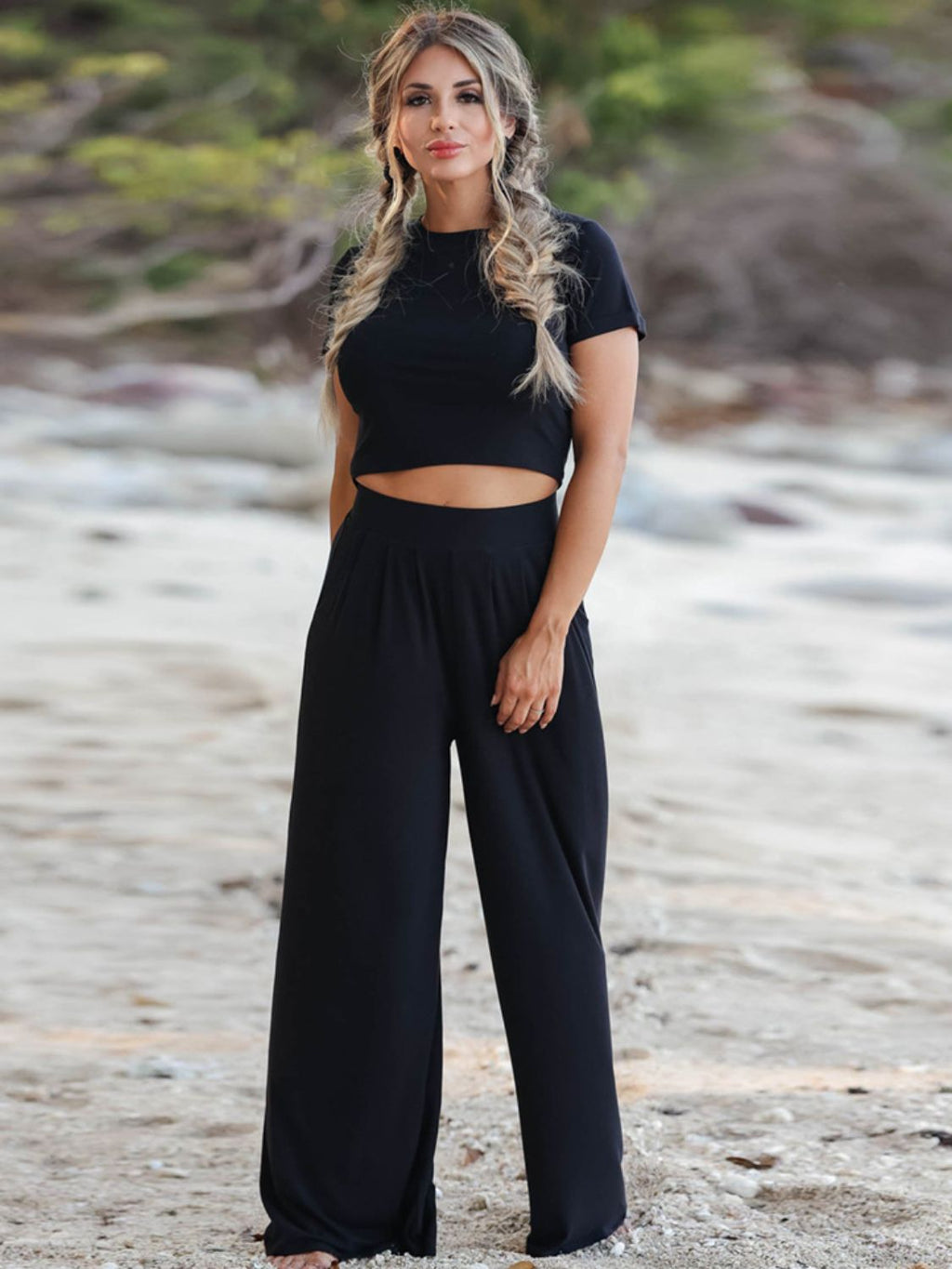 Short Sleeve Top and Wide Leg Pants Set