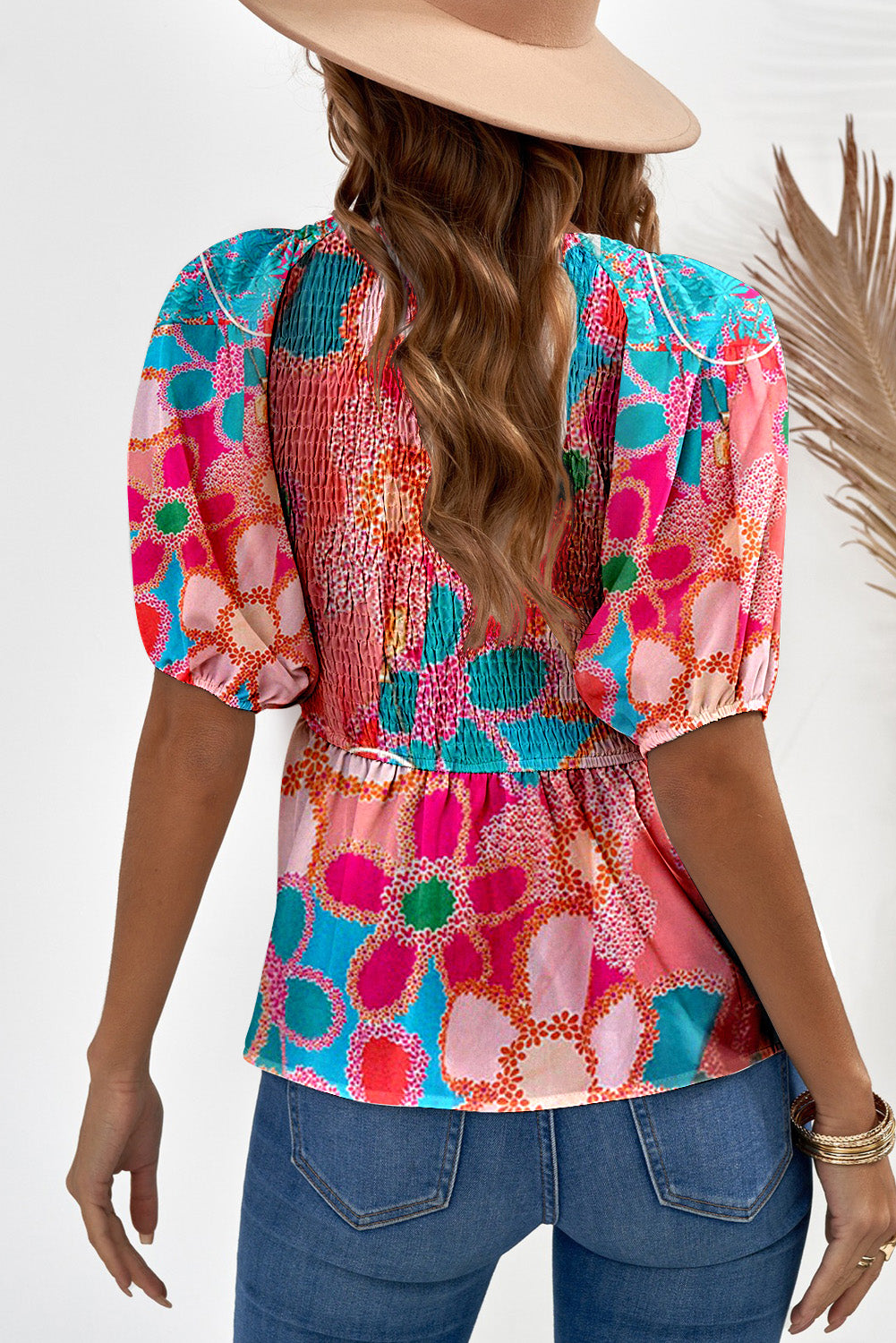 Printed V-Neck Babydoll Blouse