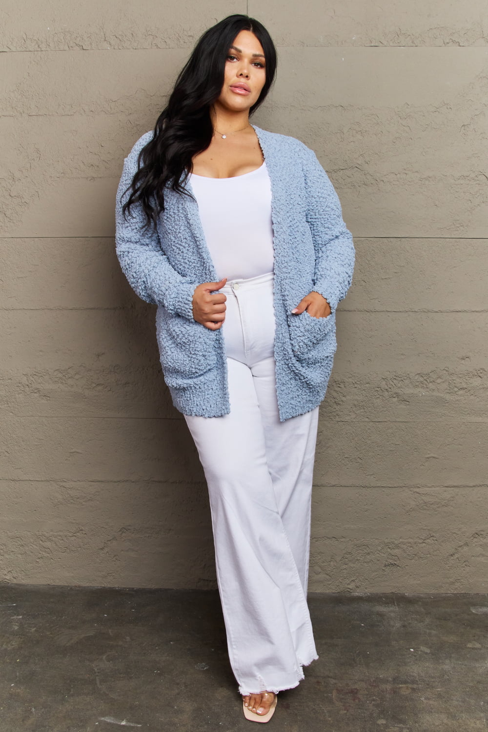 Zenana Open Front Popcorn Cardigan