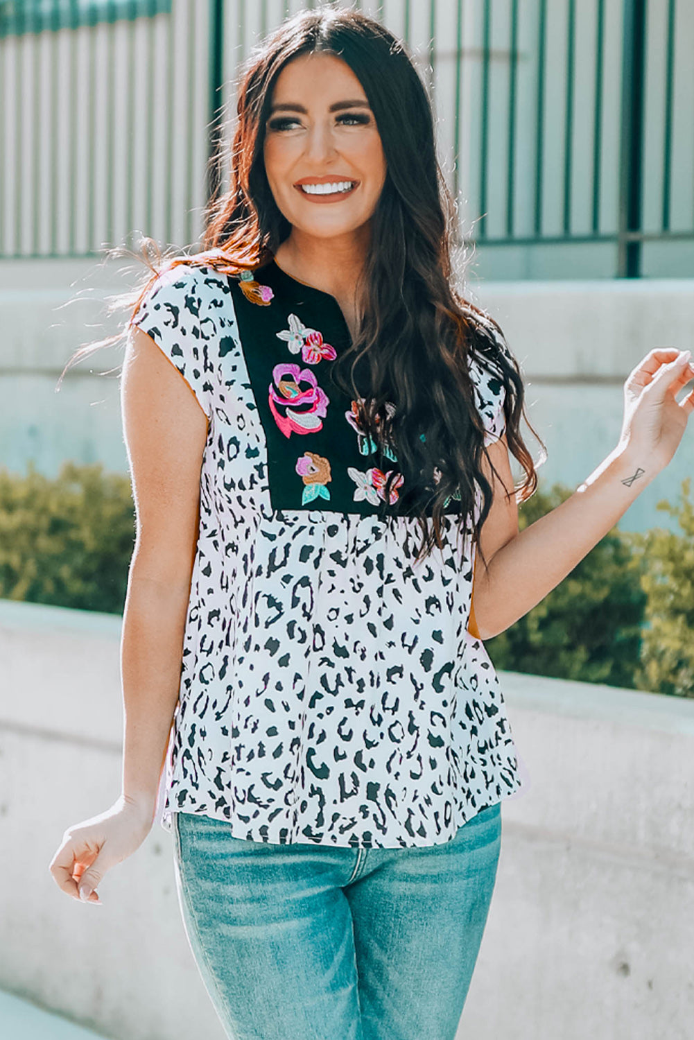 Leopard Notched Neck Short Sleeve Top