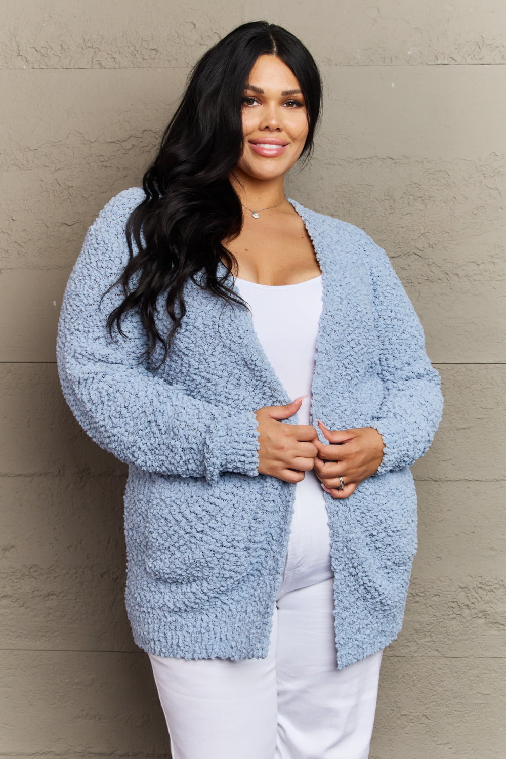 Zenana Open Front Popcorn Cardigan