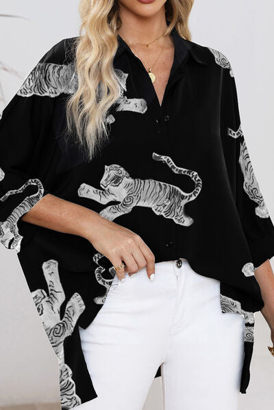 Tiger Pattern Button Up Long Sleeve Top