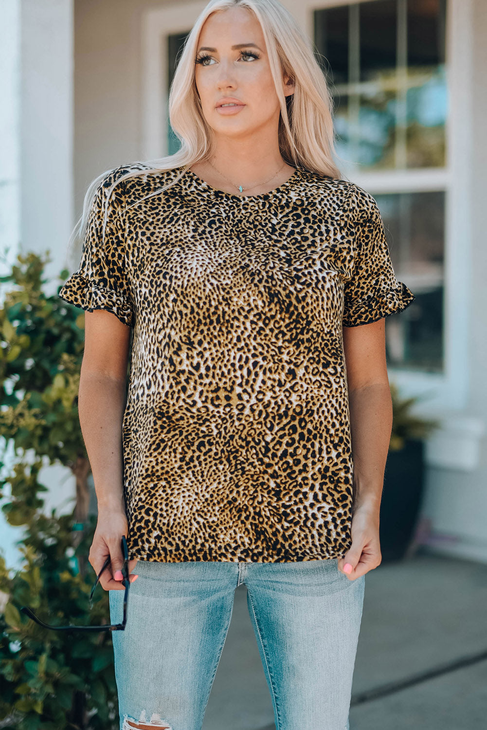 Women Leopard Short Flounce Sleeve Top